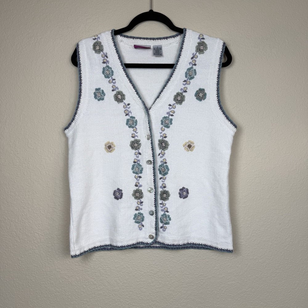 VTG Tan Jay White Knit Sweater Vest Embroidered Floral Sz S‎ Grandmacore Teacher